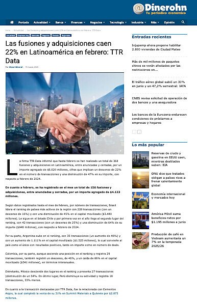Las fusiones y adquisiciones caen 22% en Latinoamrica en febrero: TTR Data